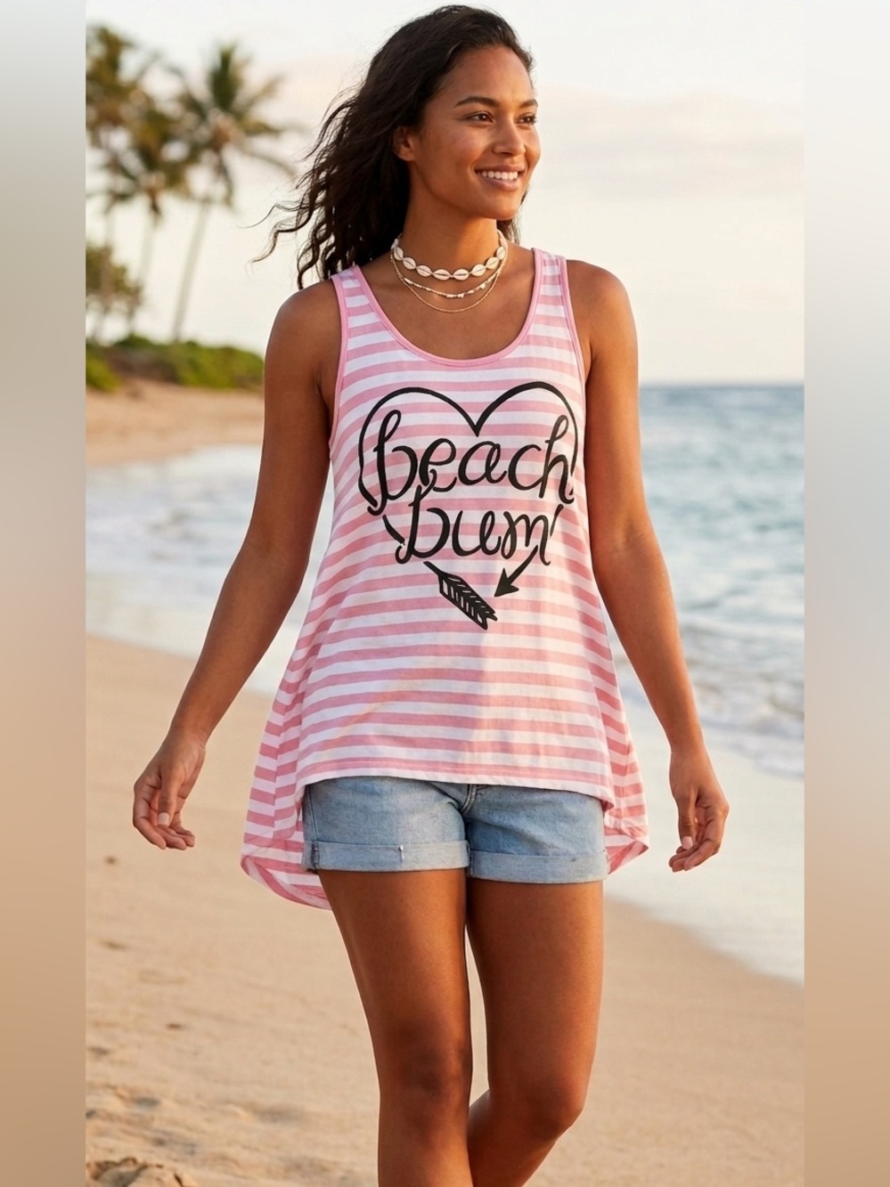 Color Bear Pink White Striped Beach Bum Heart Graphic Tank Top Womens Large